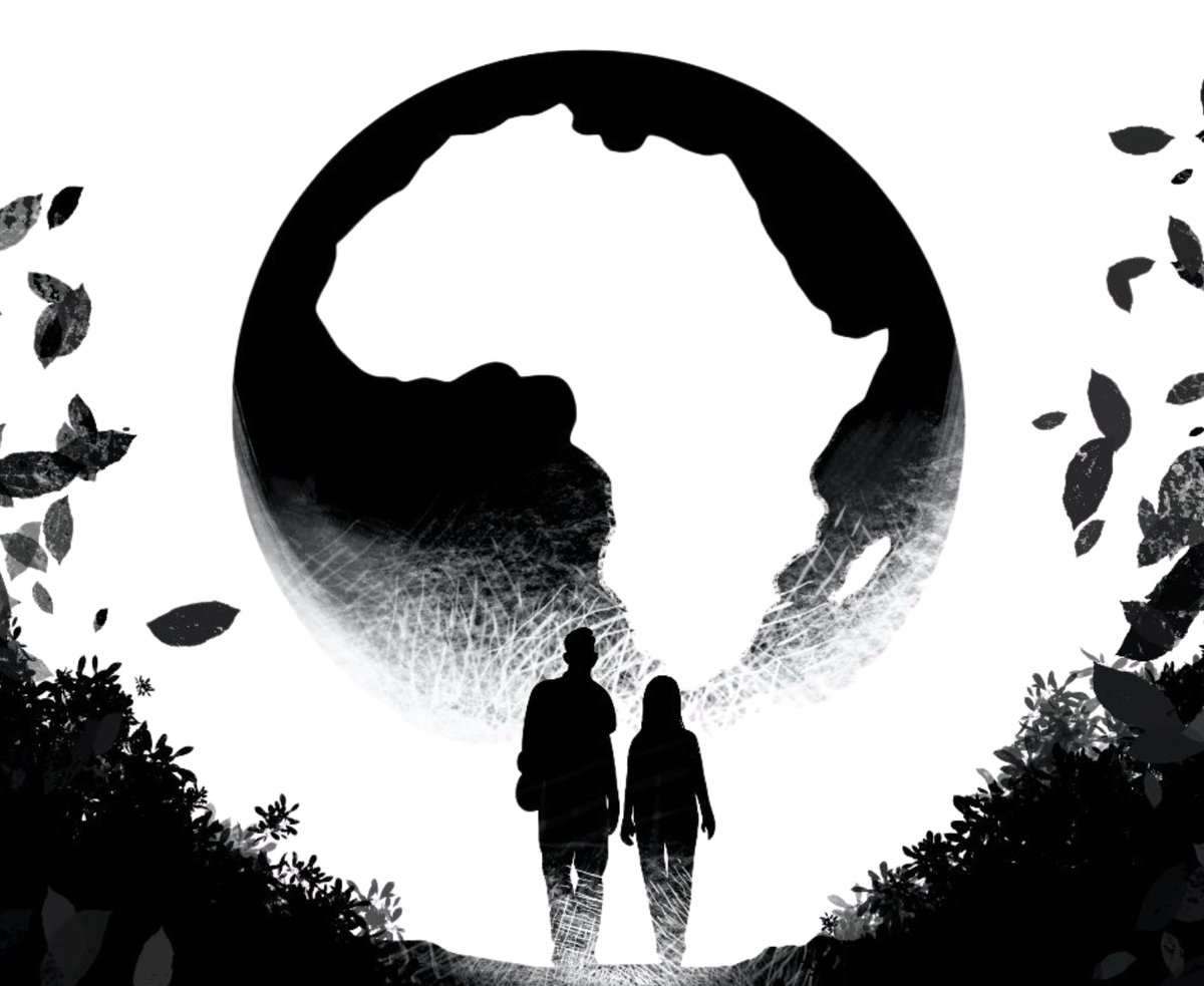 Illustration of two silhouettes walking toward a continent-shaped moon, for the book Cairo to Cape Town